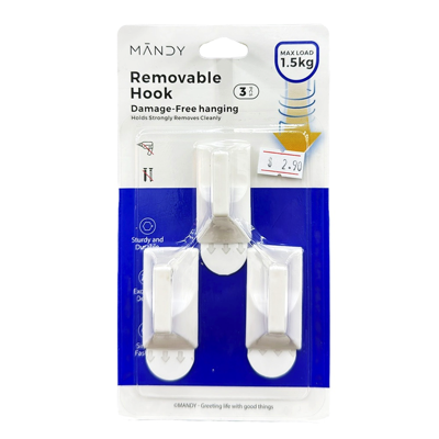 MANDY Self Adhesive Removable SQ Hooks 3 Hooks & Strips MAX LOAD 1.5KG